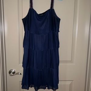 Plus Size Dark Navy Blue Evening Dress Tiered Ruffle Sequin Strap Shoulders